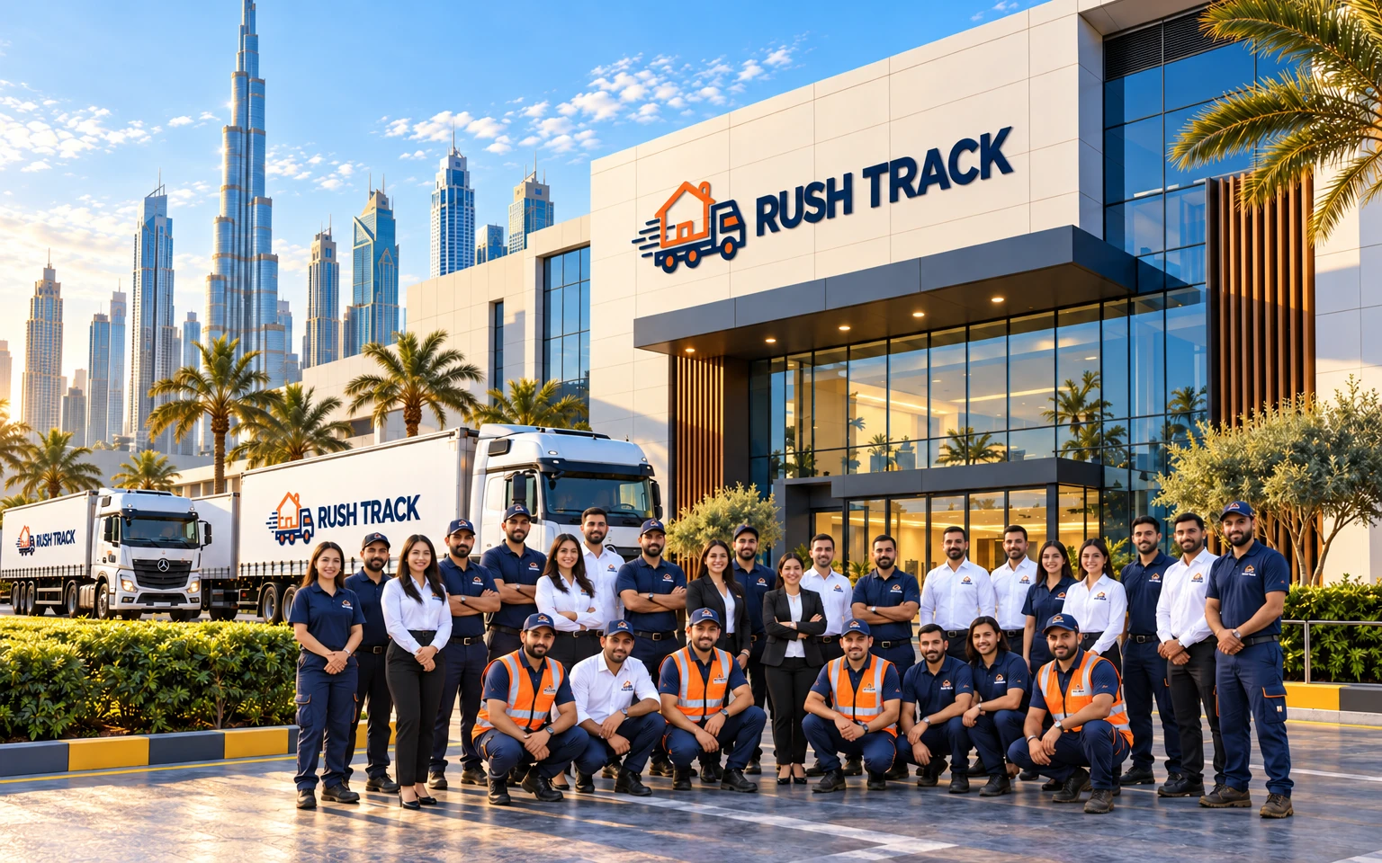 Rush Track team and transport fleet at the Dubai headquarters